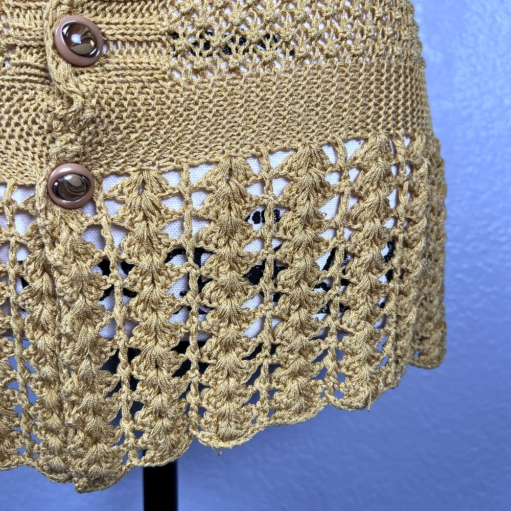 Sz XS Short-Sleeve Button-Up Blouse Mustard Yellow Open-Knit Eyelet - Picture 4 of 11